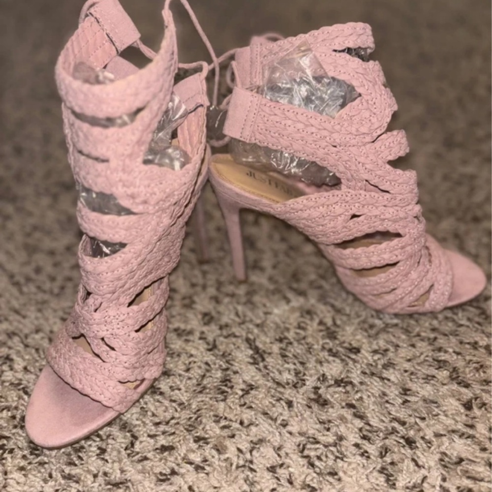 Braided Lace-Up Stiletto Heels in Blush Pink